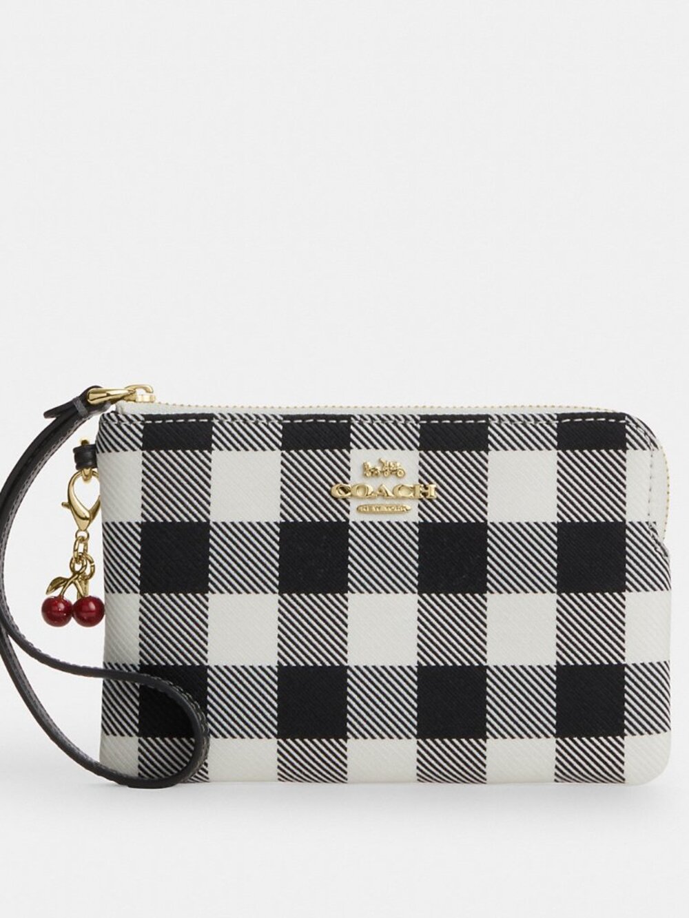 Coach Corner Zip Wristlet With Gingham Print And Charm